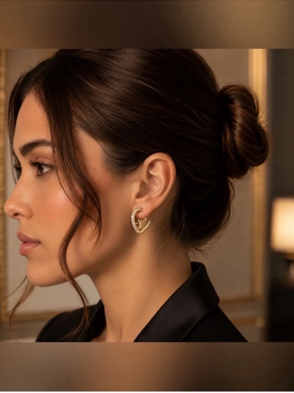 Gold Crystal Heart Hoop Earrings with Monogram Flower